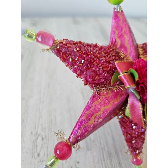Sequin star beaded ribbon ornament pink Xmas tree green very unique well made - Picture 2 of 9